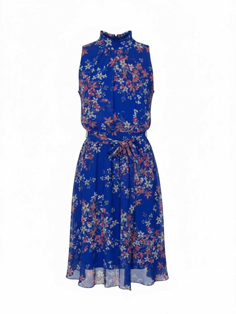 JH Bright Blue Floral Sleeveless fit with flare bottom and pleated nexkline